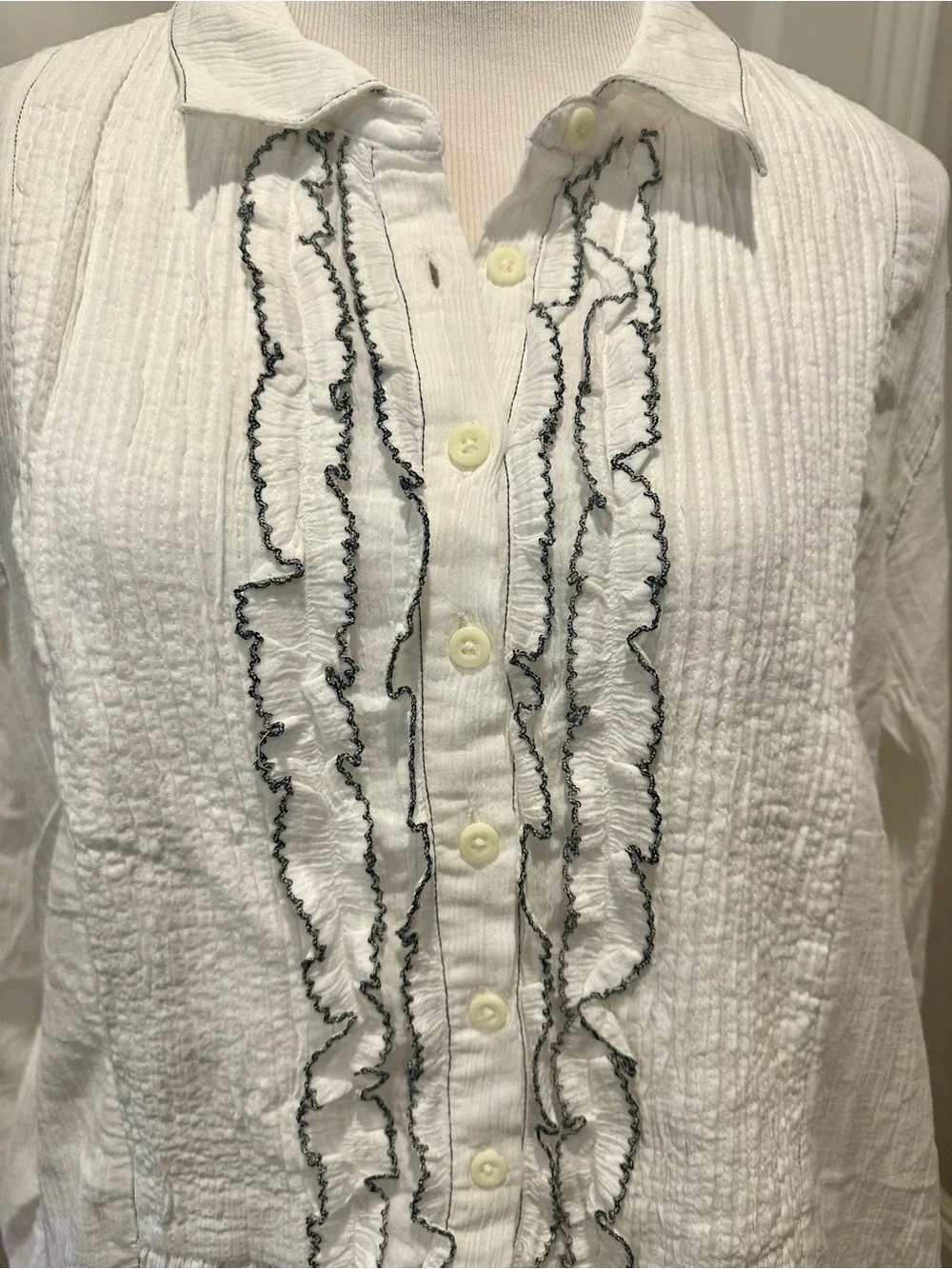 Free People White Ivory Tuxedo Ruffle-Front Shirt Dress Boho Chic Women’s L